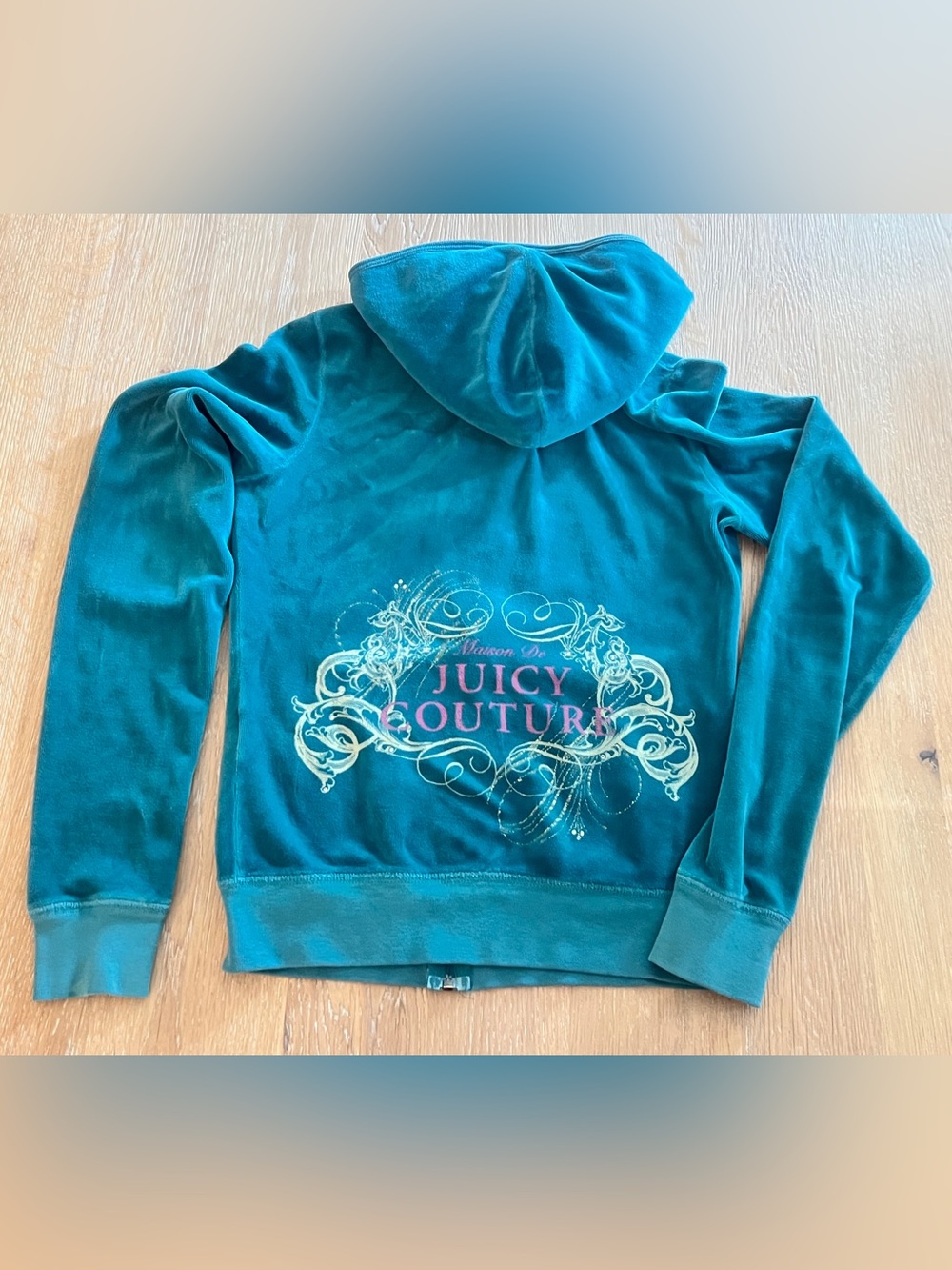 🩵🩷JUICY COUTURE TEAL VELOUR W/GOLD SHIMMER EMBROIDERY ZIP HOODIE Y2K🩷🩵